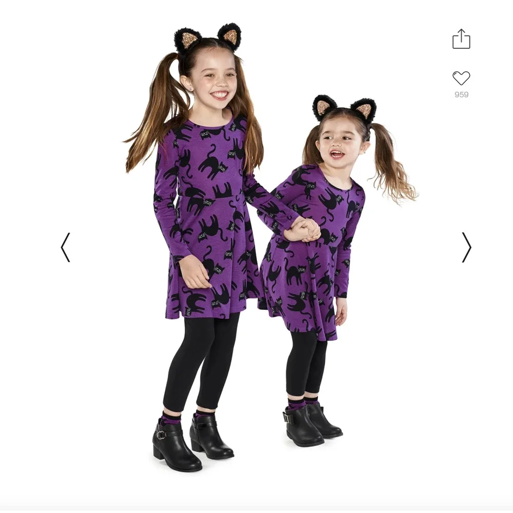 NWT Children's Place Purple W/Black Halloween Cat Skater Dress